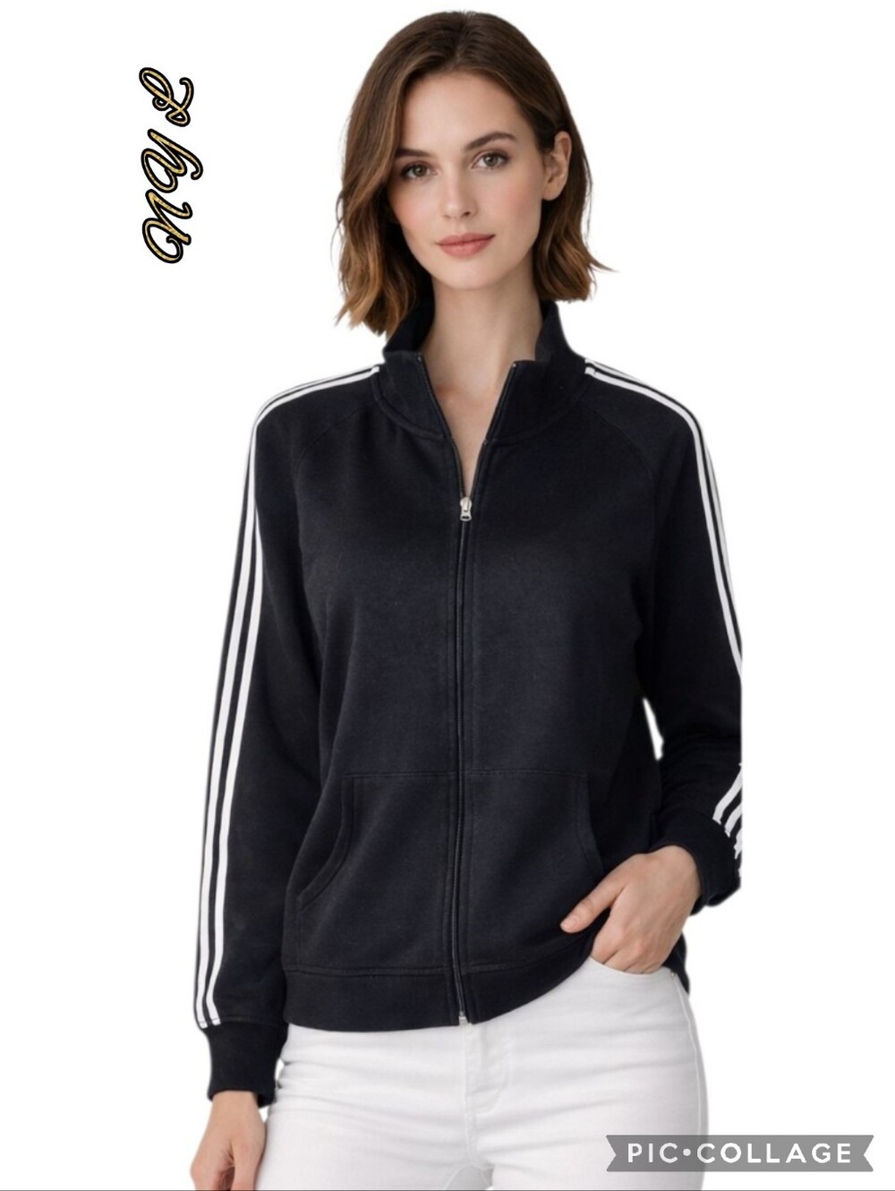 N.Y.L. track jacket black zip front white stripes front pockets size plus 1x